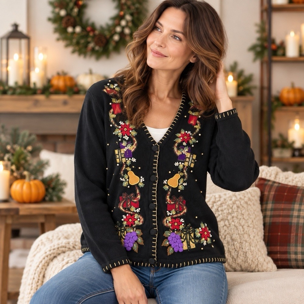 Vintage Victoria Jones Christmas Cardigan Women's PM Black Embroidered Holiday